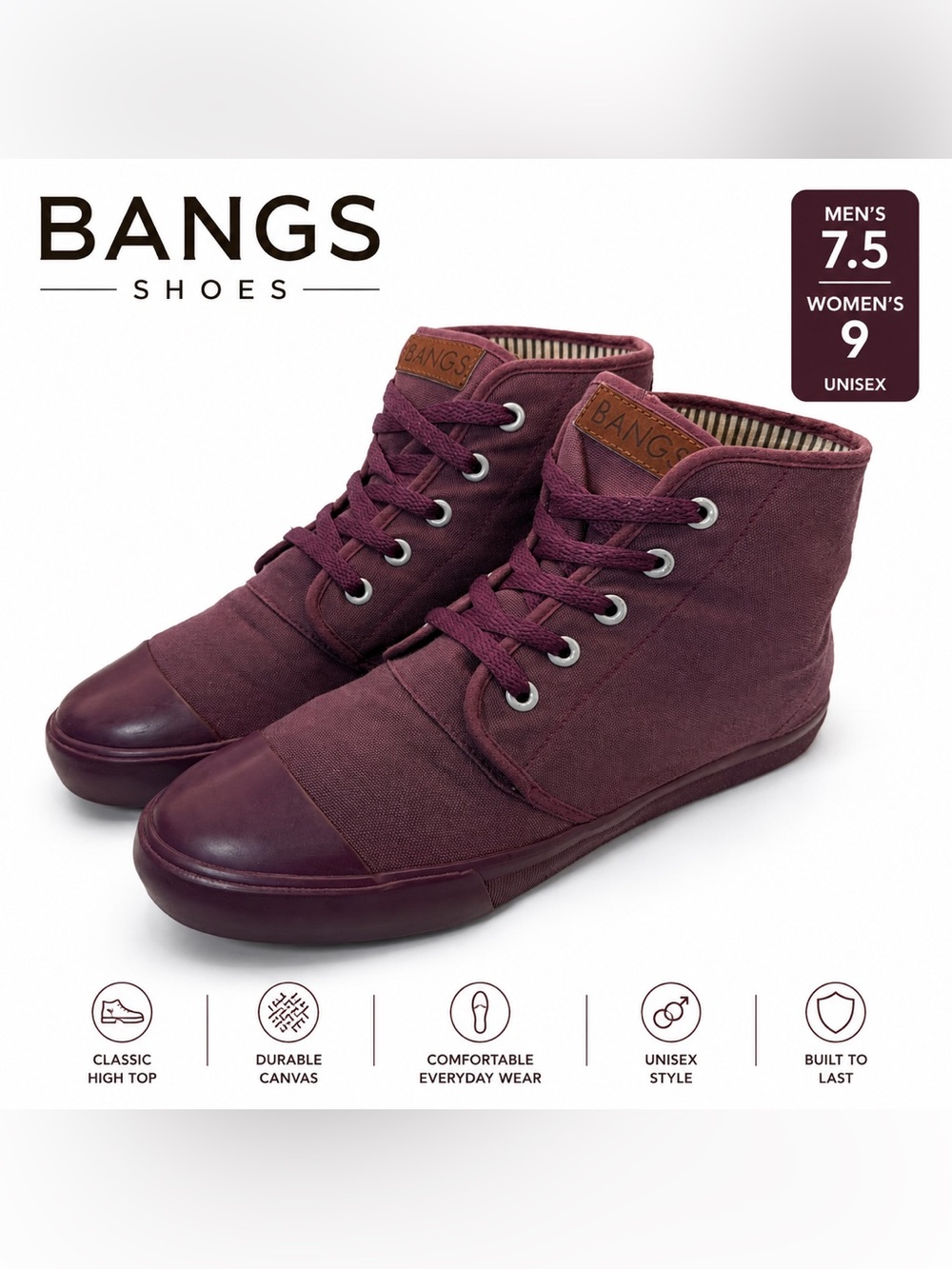 BANGS Burgundy High Top Canvas Sneakers | Unisex | Men’s 7.5 / Women’s 9